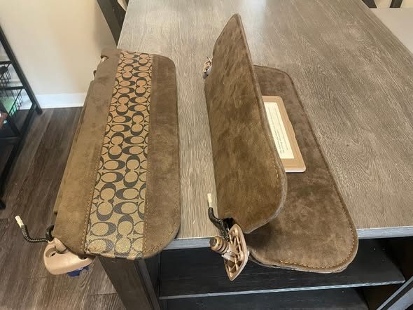 Sun visors recovered in a custom monogram pattern